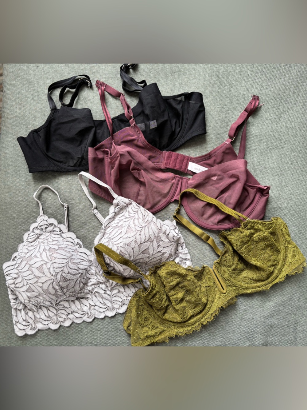 Auden Mixed Lace & Cotton Bra Set — Black, Mauve, Olive, Ivory